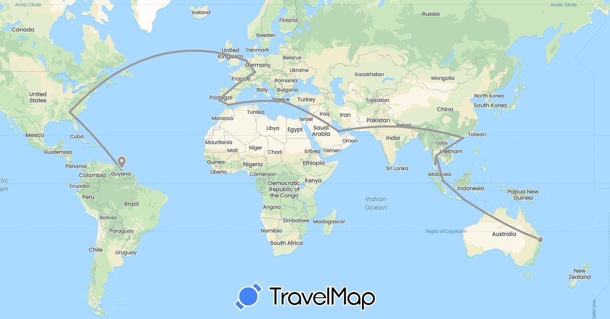 TravelMap itinerary: driving, plane in Australia, China, Germany, Greece, Guyana, Indonesia, Netherlands, Portugal, Qatar, Singapore, Thailand, Turkey, United States (Asia, Europe, North America, Oceania, South America)